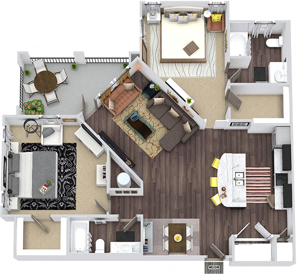 Floor plan for 2 beds, 2 baths, 1240 sqft